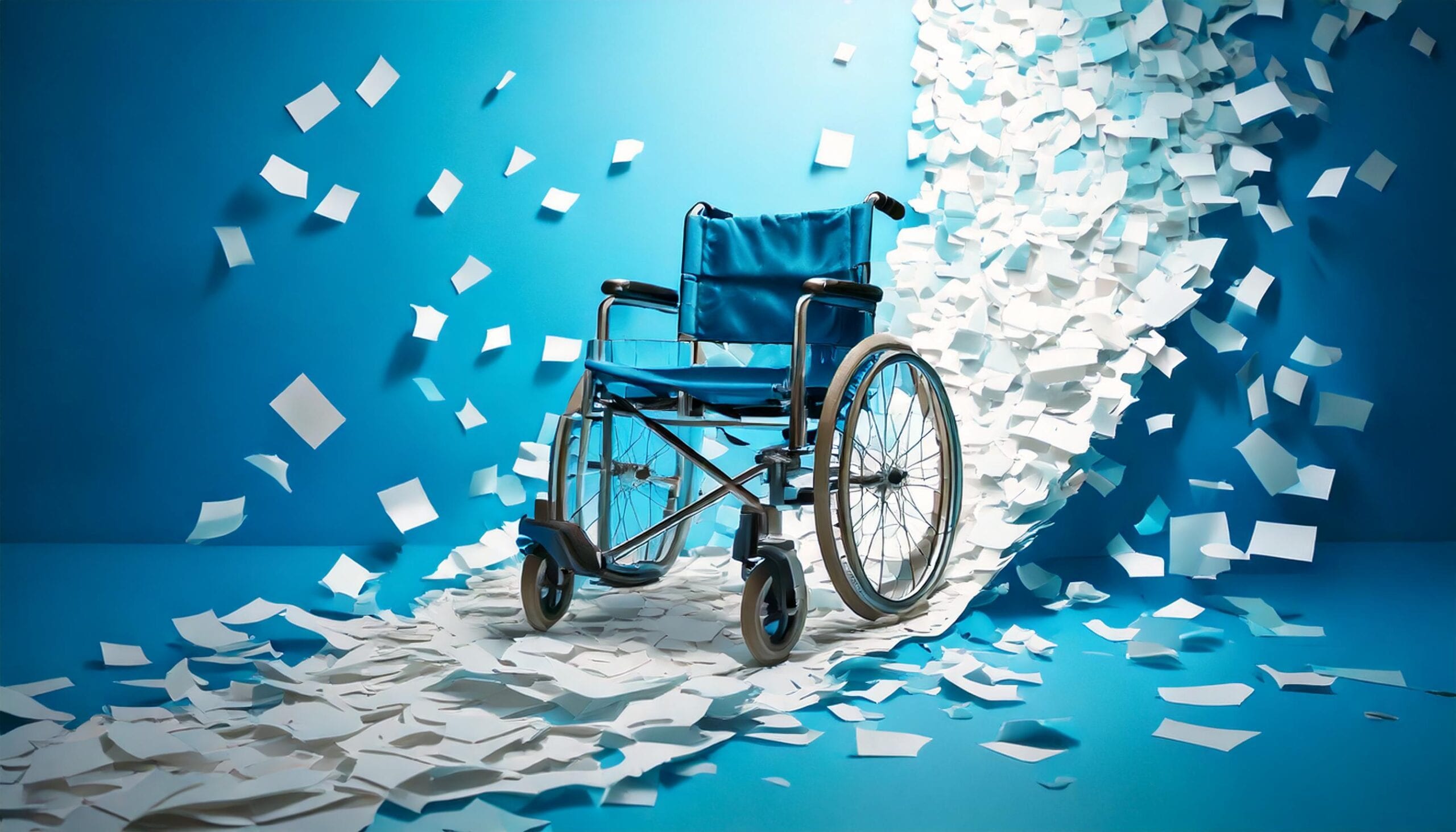 Rollstuhl auf Papierweg, blauer Hintergrund